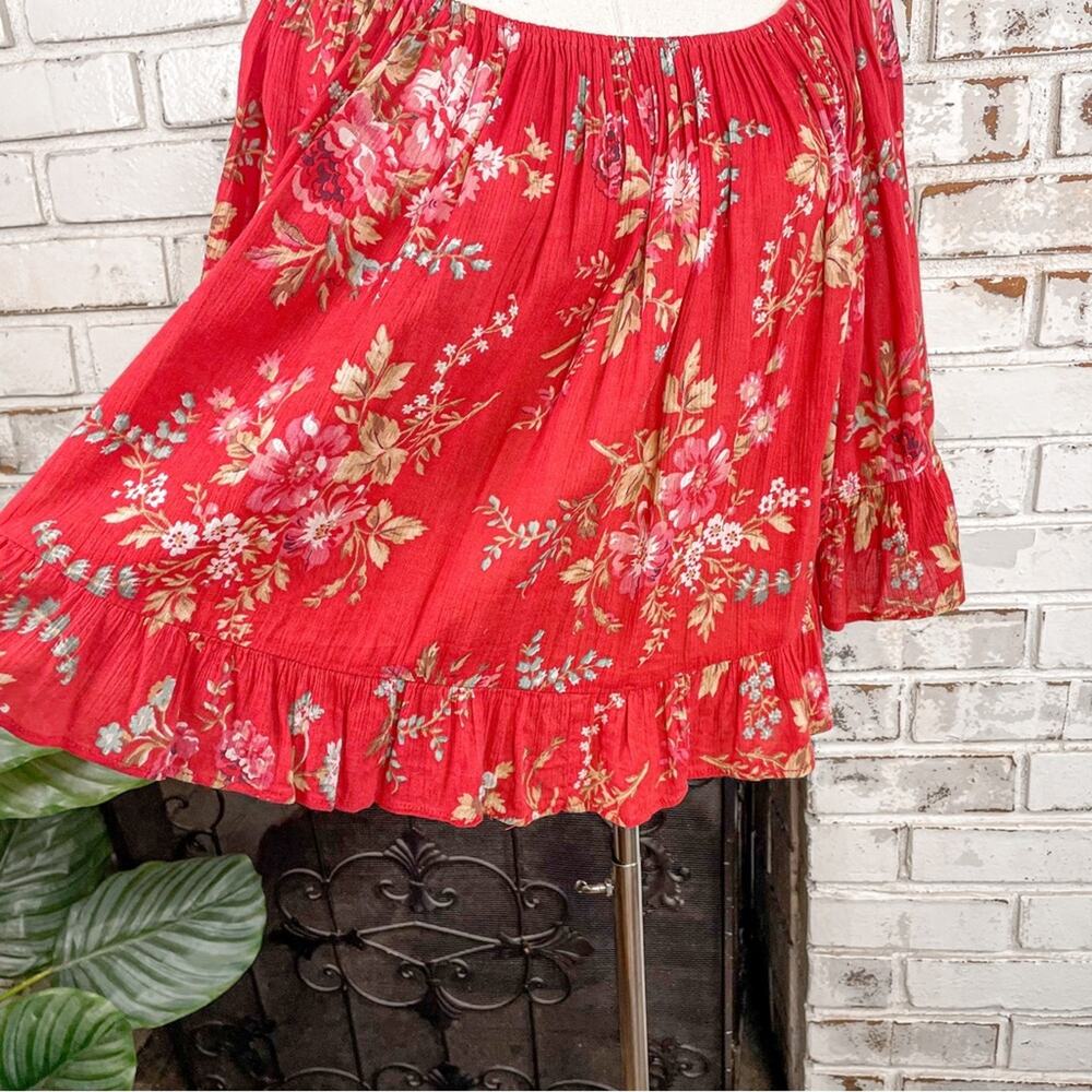 Vintage Denim & Supply Ralph Lauren Red Cotton Floral Flowy 3/4 Sleeve Top L - Picture 4 of 10